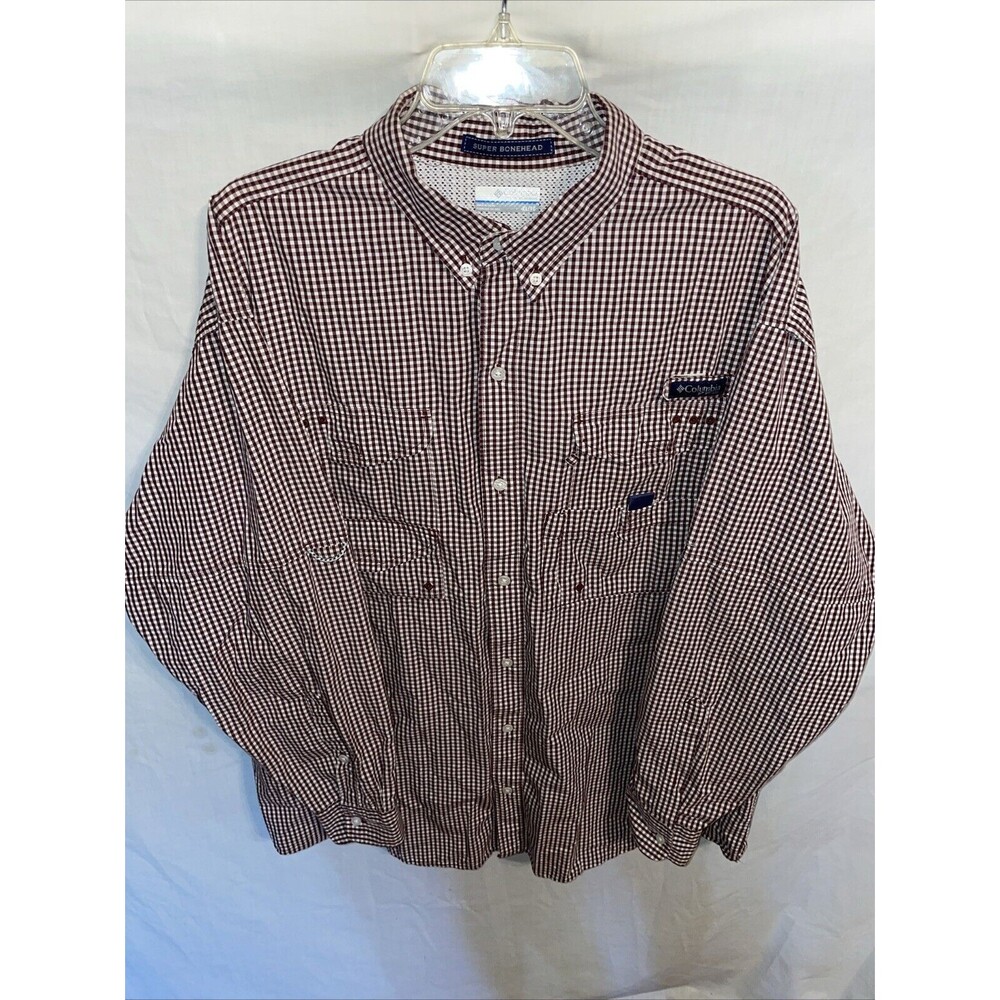 Columbia PFG Super Bonehead Men’s Guide Shirt Size XL Burgundy Gingham Fishing